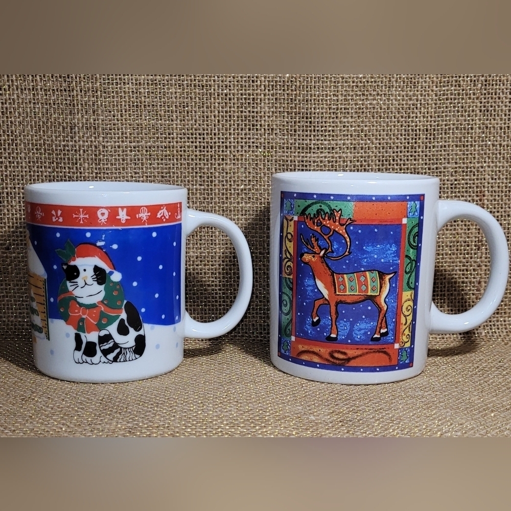 Santa Cat & Festive Reindeer Set Of 2 Christmas Holiday Coffee Tea Cocoa Mug Cup